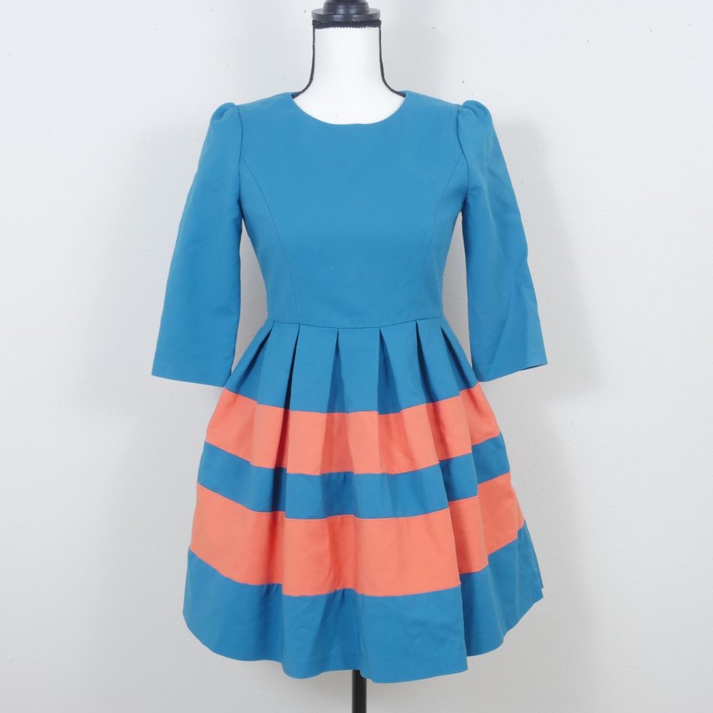 Five Plus Turquoise Blue Orange Stripe Puff Sleeve Full Pleated Skirt SZ S Dress